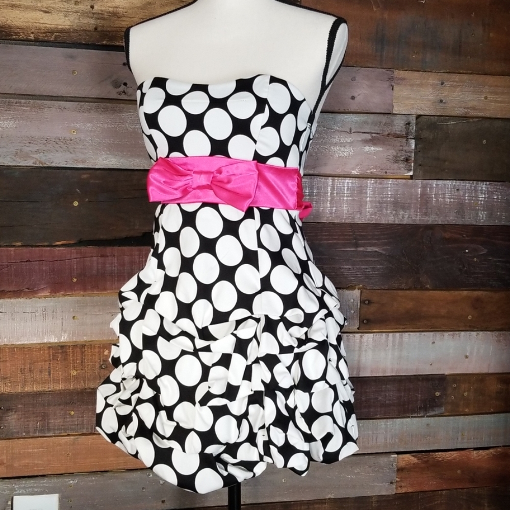 Ruby Rox Polka Dot dress with Fuschia ribbon waist